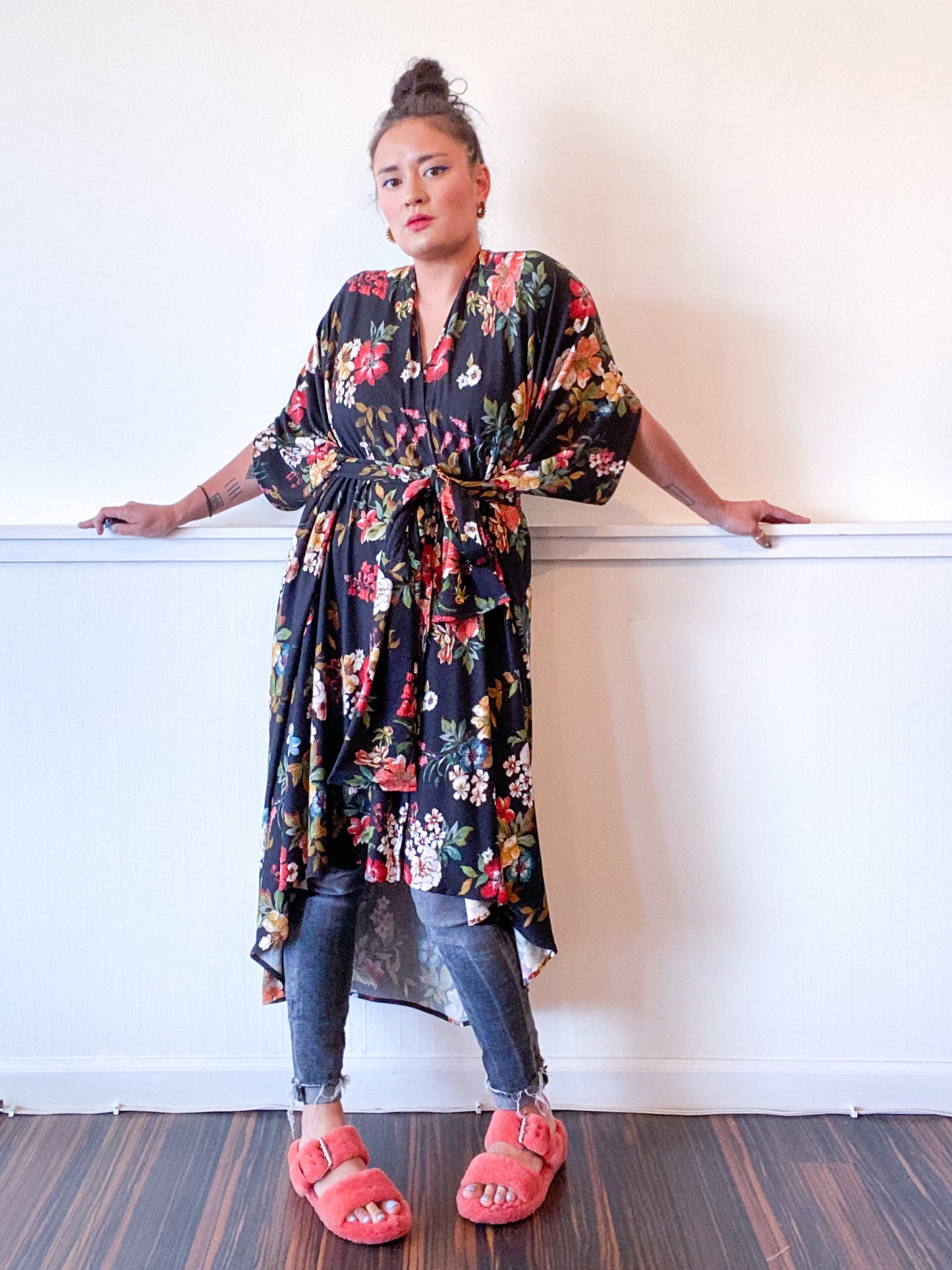 Print High Low Kimono Black Floral Knit