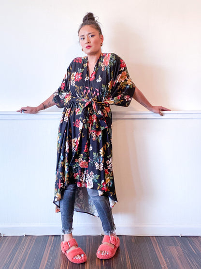 Print High Low Kimono Black Floral Knit