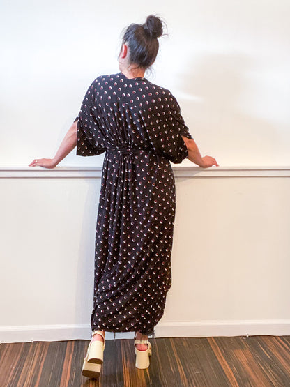 Print High Low Kimono Black Maroon Dots Slinky Knit