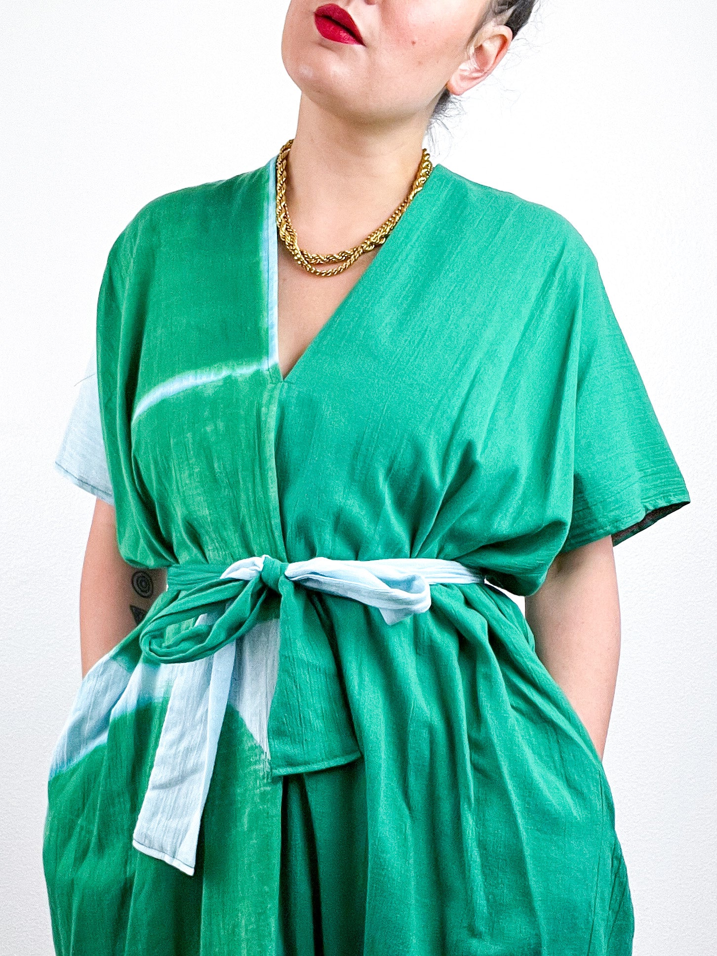 Single Gauze Mini Caftan Dress Green Aqua Brushstrokes