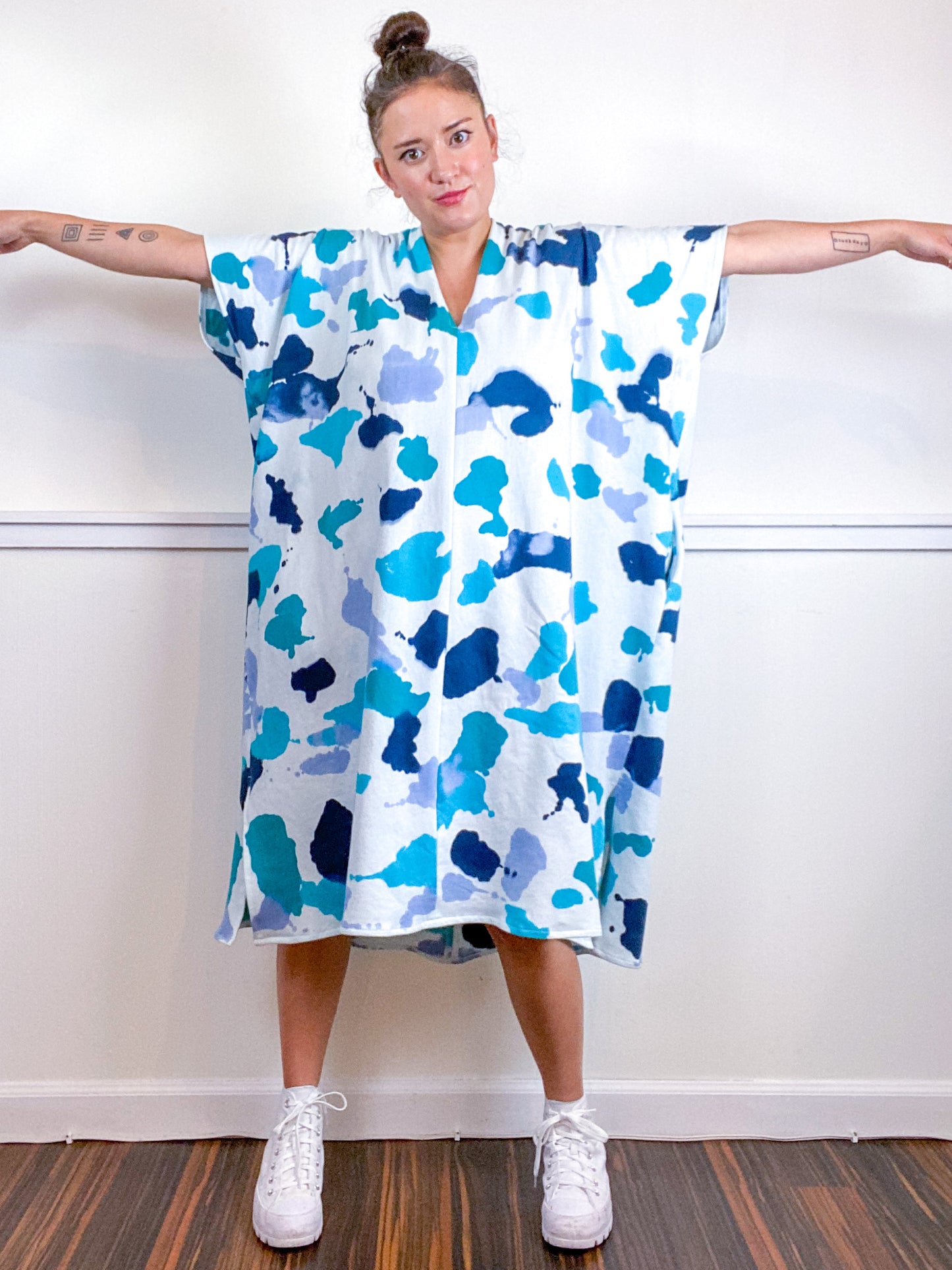 OOAK Hand-Dyed Sweatshirt Smock Dress Size Large Teal Parakeet Baby Blue Aqua