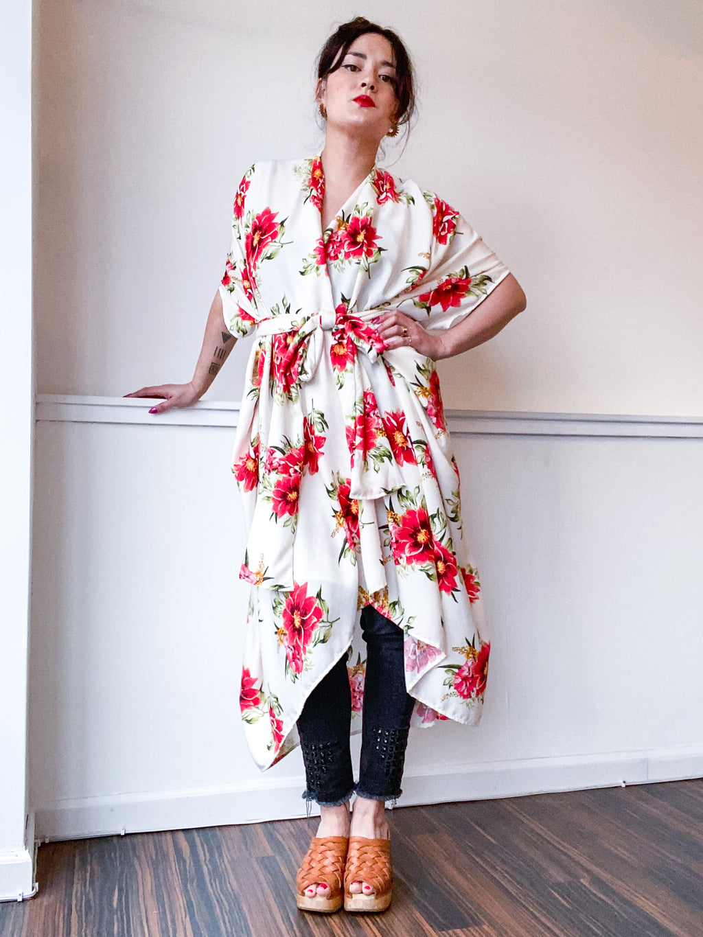 Print High Low Kimono Poinsettia Floral Rayon Challis