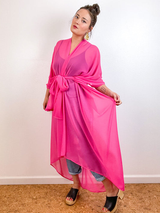 Solid High Low Kimono Hot Pink Chiffon