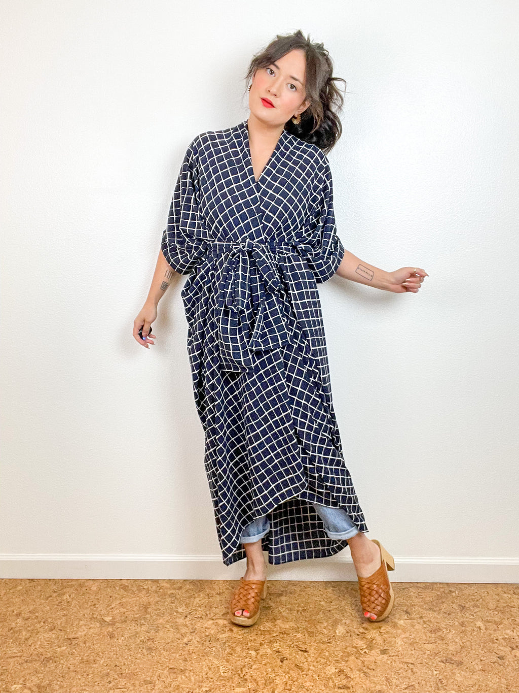 Print High Low Kimono Navy Windowpane Bubble Crepe