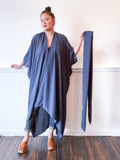 Print High Low Kimono Steel Blue Double Georgette