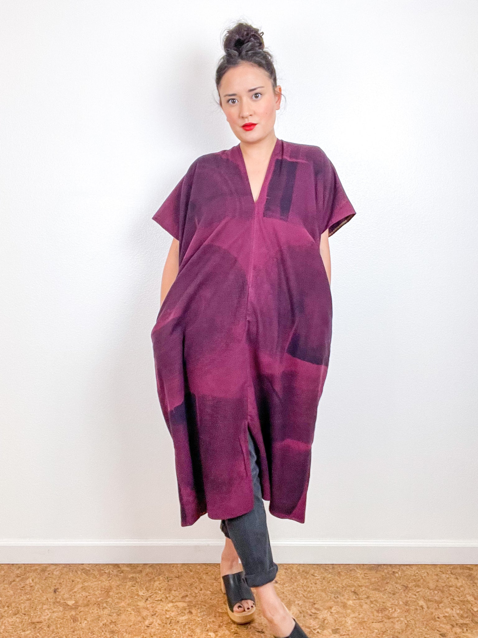 Hand-Dyed Flannel Smock Dress Berry Brushstrokes