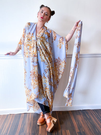 Print High Low Kimono Powder Blue and Amber Floral Chiffon