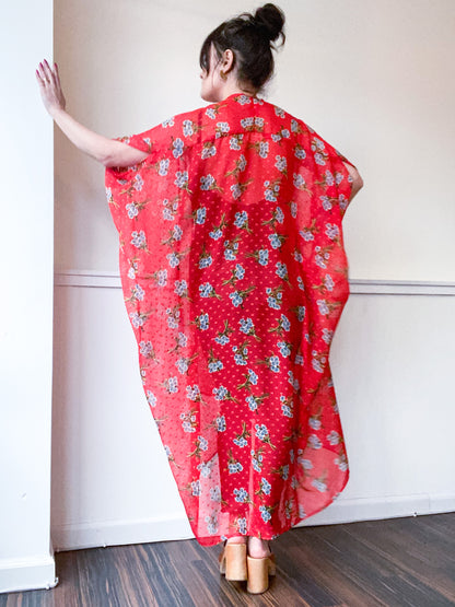 Print High Low Kimono Red Floral Chiffon