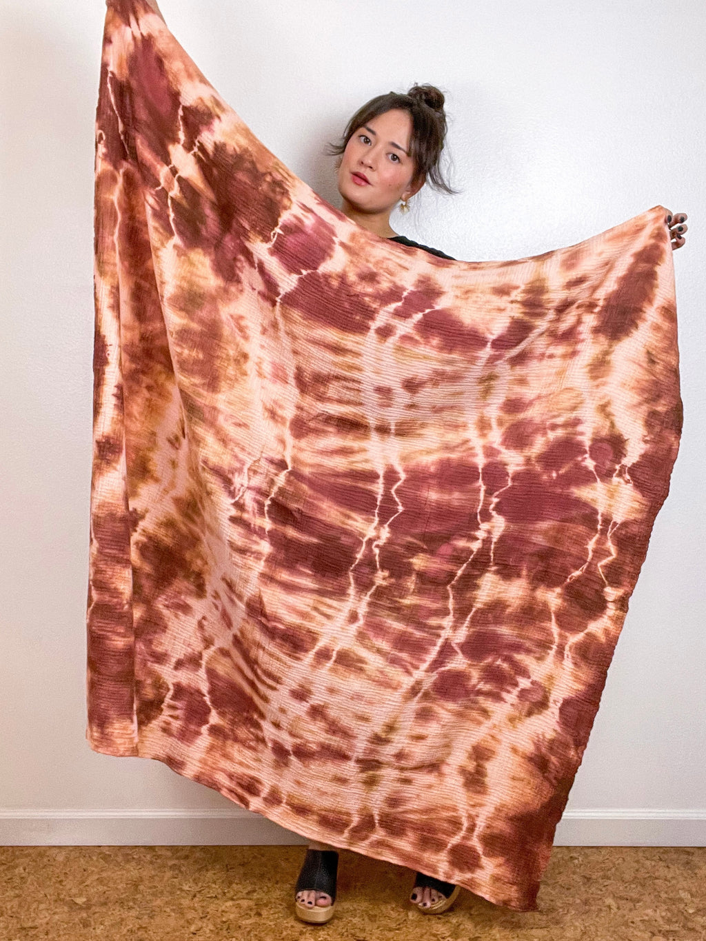 Hand-Dyed Double Gauze Blanket Scarf Terracotta Peach Lines
