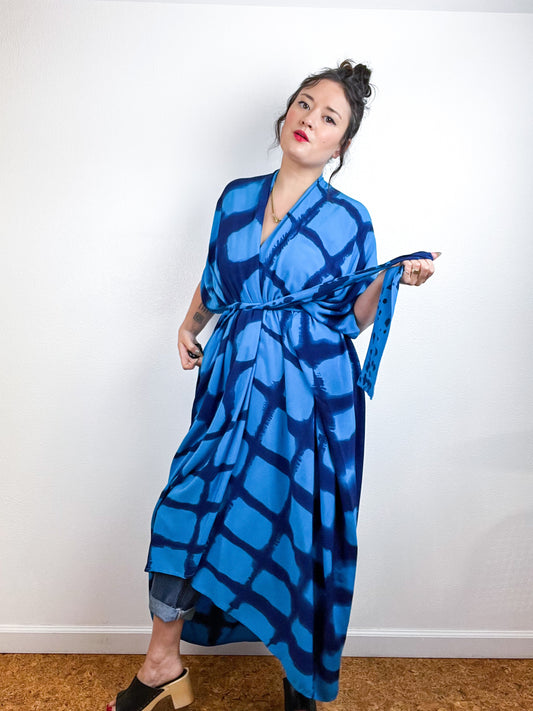 Hand-Dyed High Low Kimono Turquoise Royal Windowpane