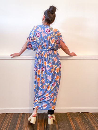 Print High Low Kimono Blue Multi Floral Knit