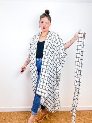 High Low Kimono White Black Windowpane Rayon Challis