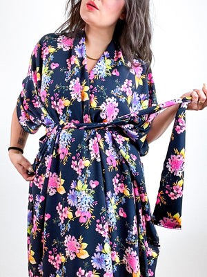 Print High Low Kimono Navy Neon Floral Charmeuse