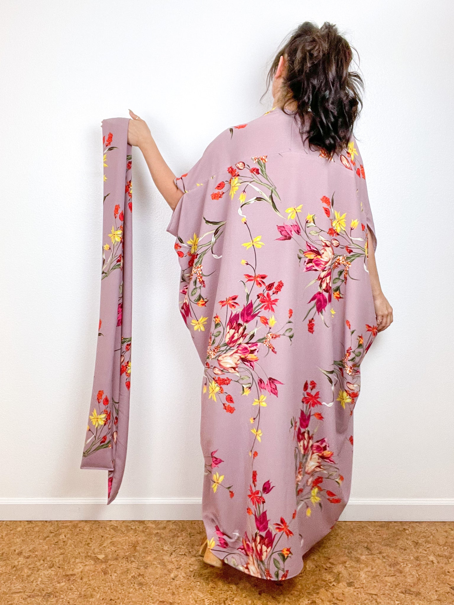 Print High Low Kimono Mauve Floral Bubble Crepe