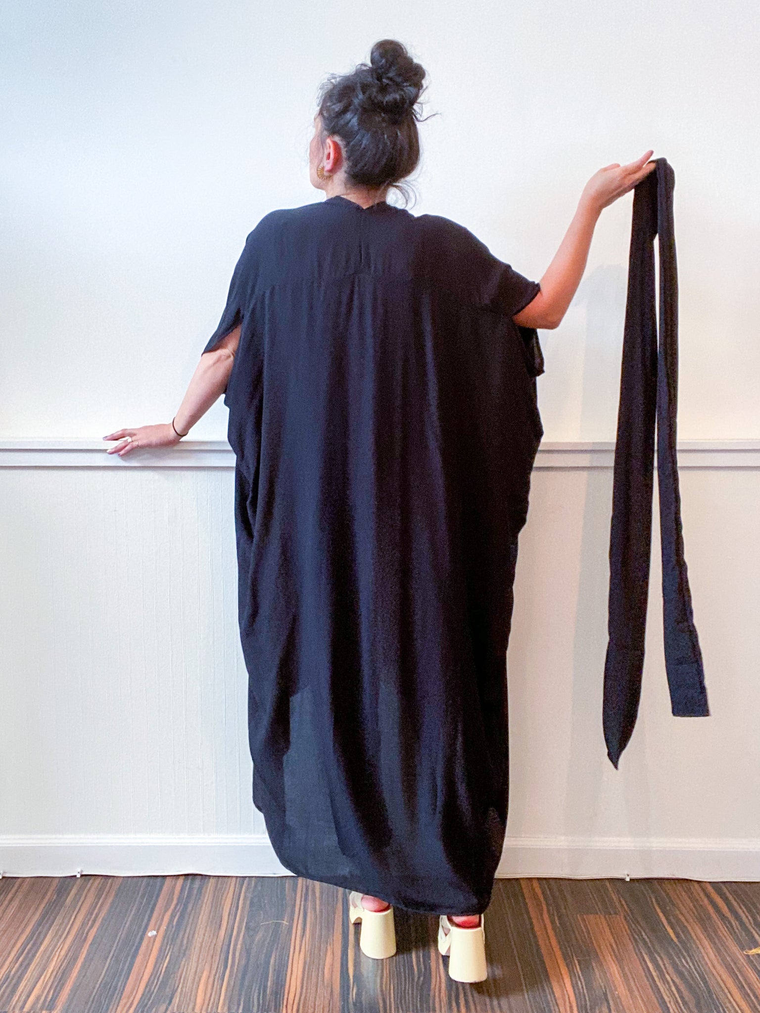 Solid High Low Kimono Black Rayon Dobby