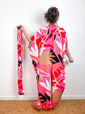 High Low Kimono Pink Red Palms Rayon Challis
