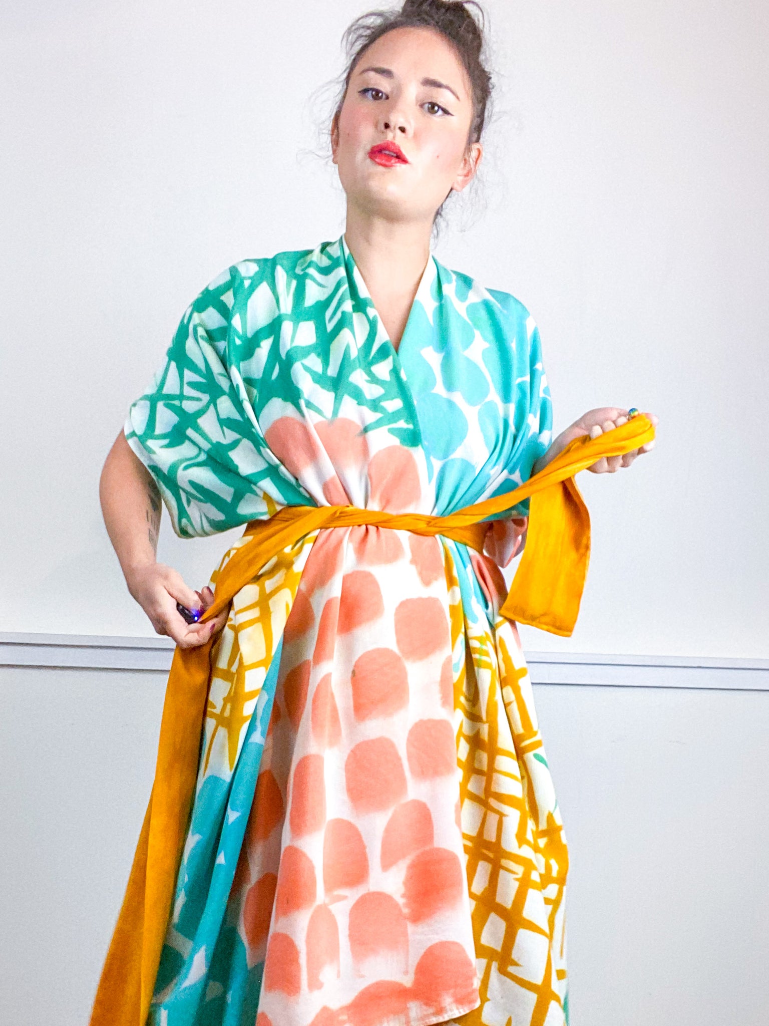 OOAK Hand-Dyed High Low Kimono Marigold Coral Emerald Parakeet Multi Mark