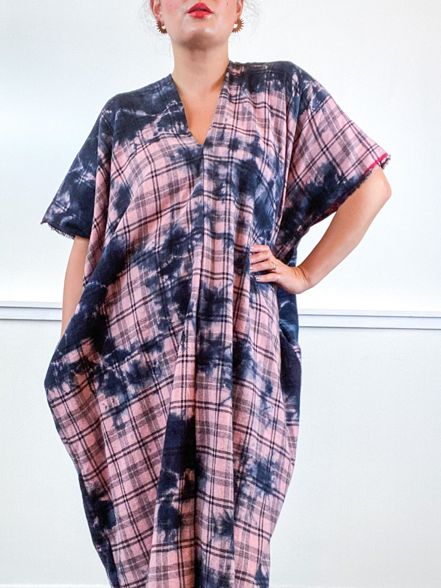 Over-Dye Plaid Smock Dress Pink Black