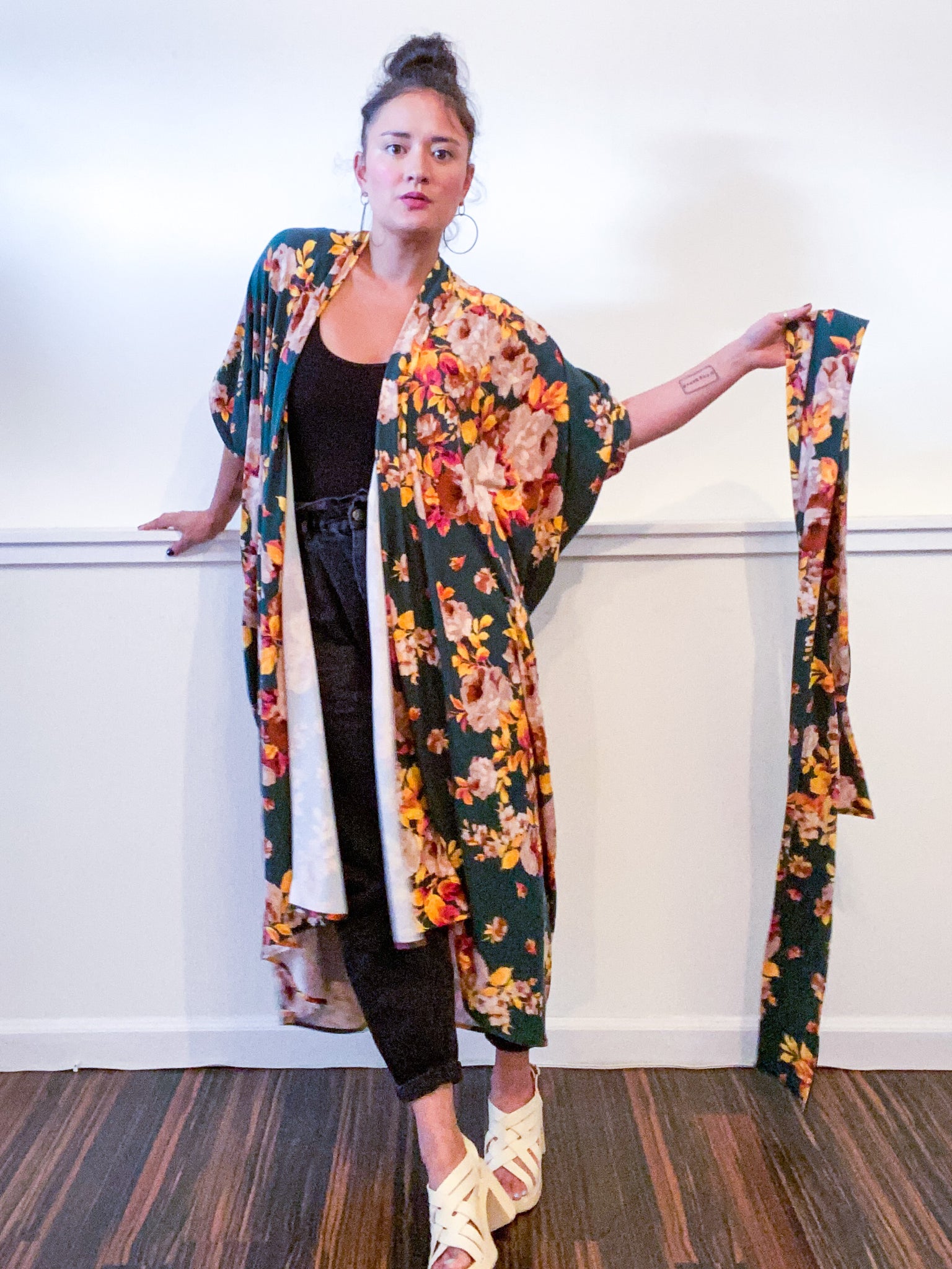 Print High Low Kimono Forest Green Rose Floral Knit