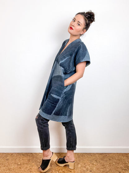 Hand-Dyed Flannel Smock Dress Blue Herringbone Brushstrokes