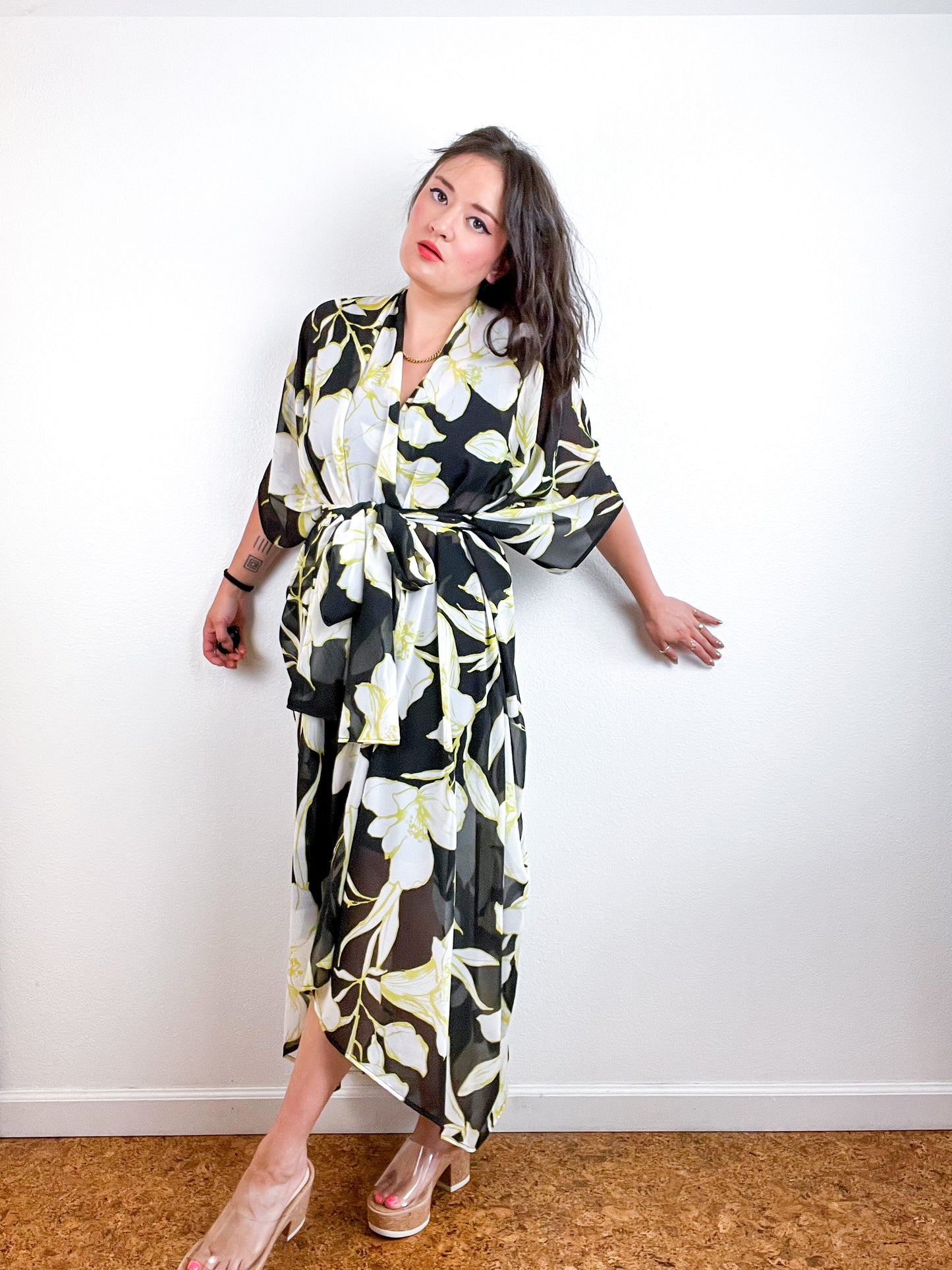 Print High Low Kimono Black Chartreuse Outline Floral Chiffon