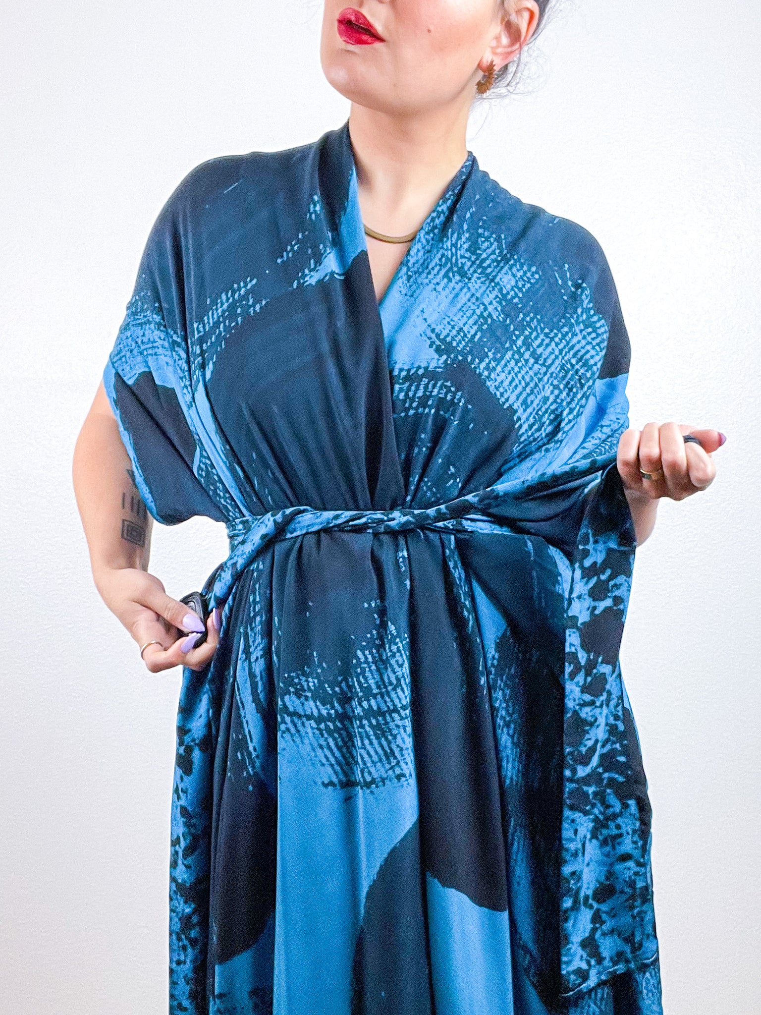 Hand-Dyed High Low Kimono Turquoise Black Brushstroke