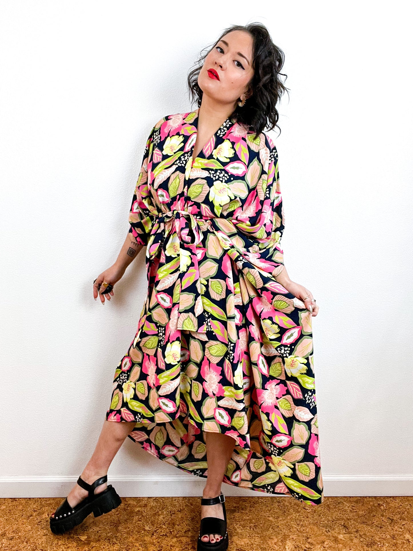 Print High Low Kimono Navy Pink Chartreuse Floral Challis
