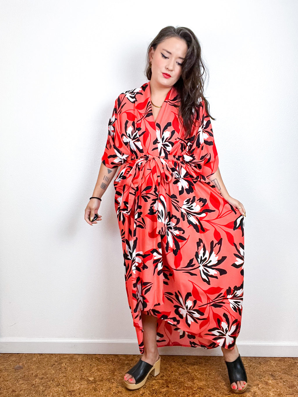 Print High Low Kimono Coral Tropical Challis