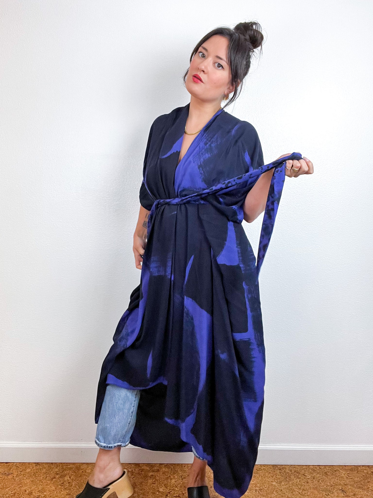 Hand-Dyed High Low Kimono Violet Black Brushstroke