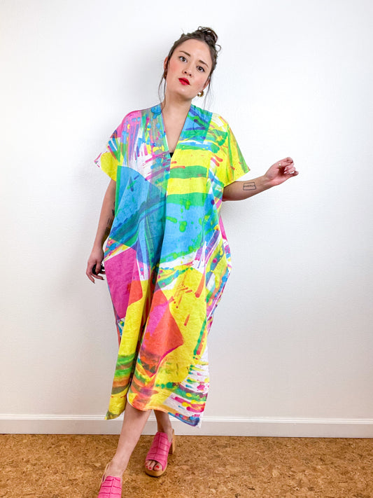 Hand-Dyed Linen Midi Smock Dress CMY Prism
