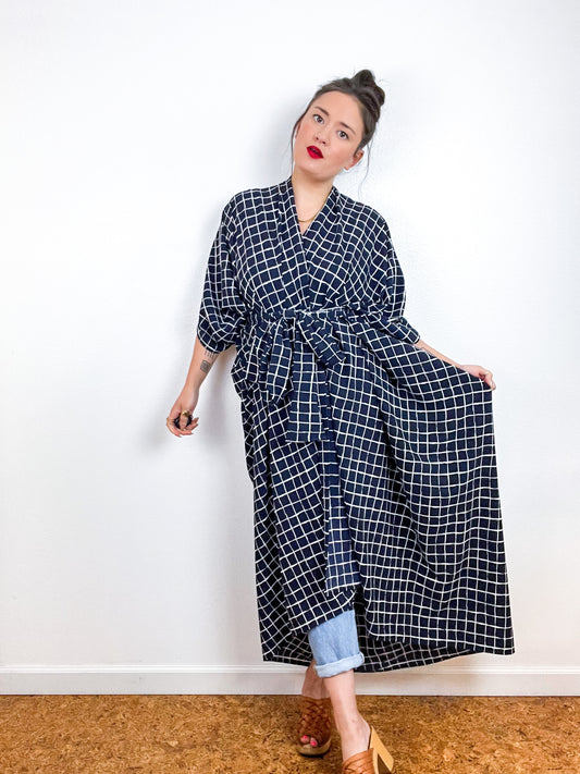 Print High Low Kimono Navy Windowpane Bubble Crepe