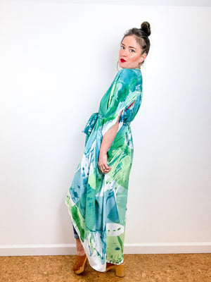 Hand-Dyed High Low Kimono Green Teal Prism