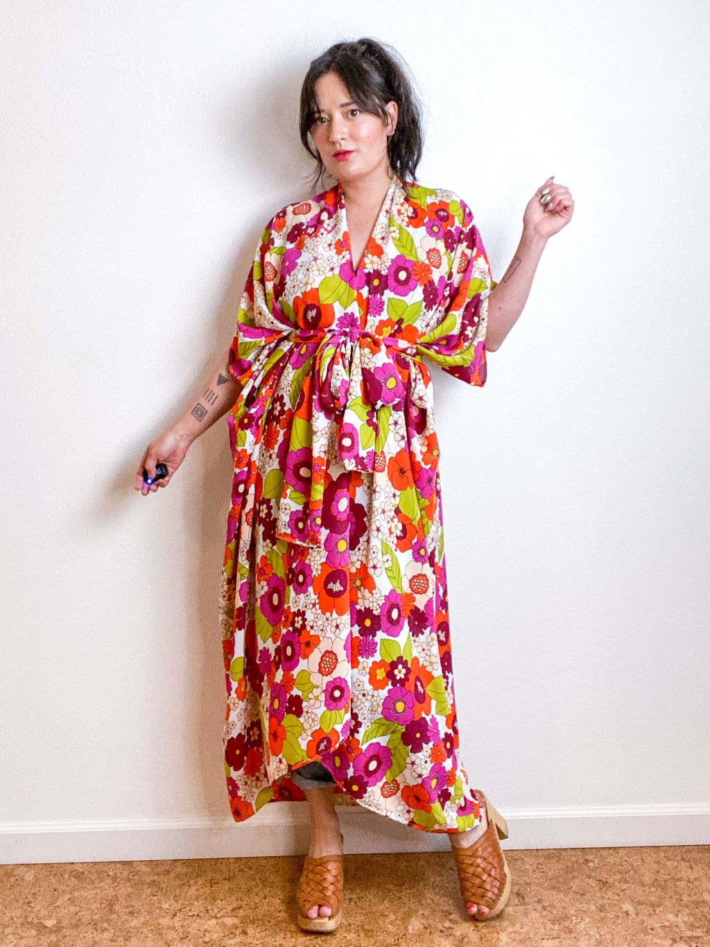 Print High Low Kimono Retro Floral Crepe