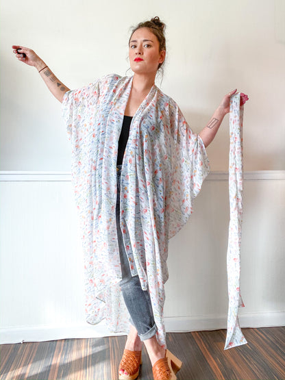 Print High Low Kimono White Floral Chiffon