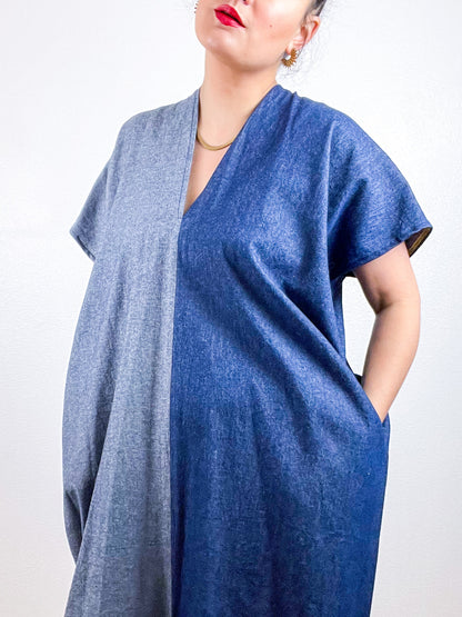 Denim Smock Dress Midi Two Tone