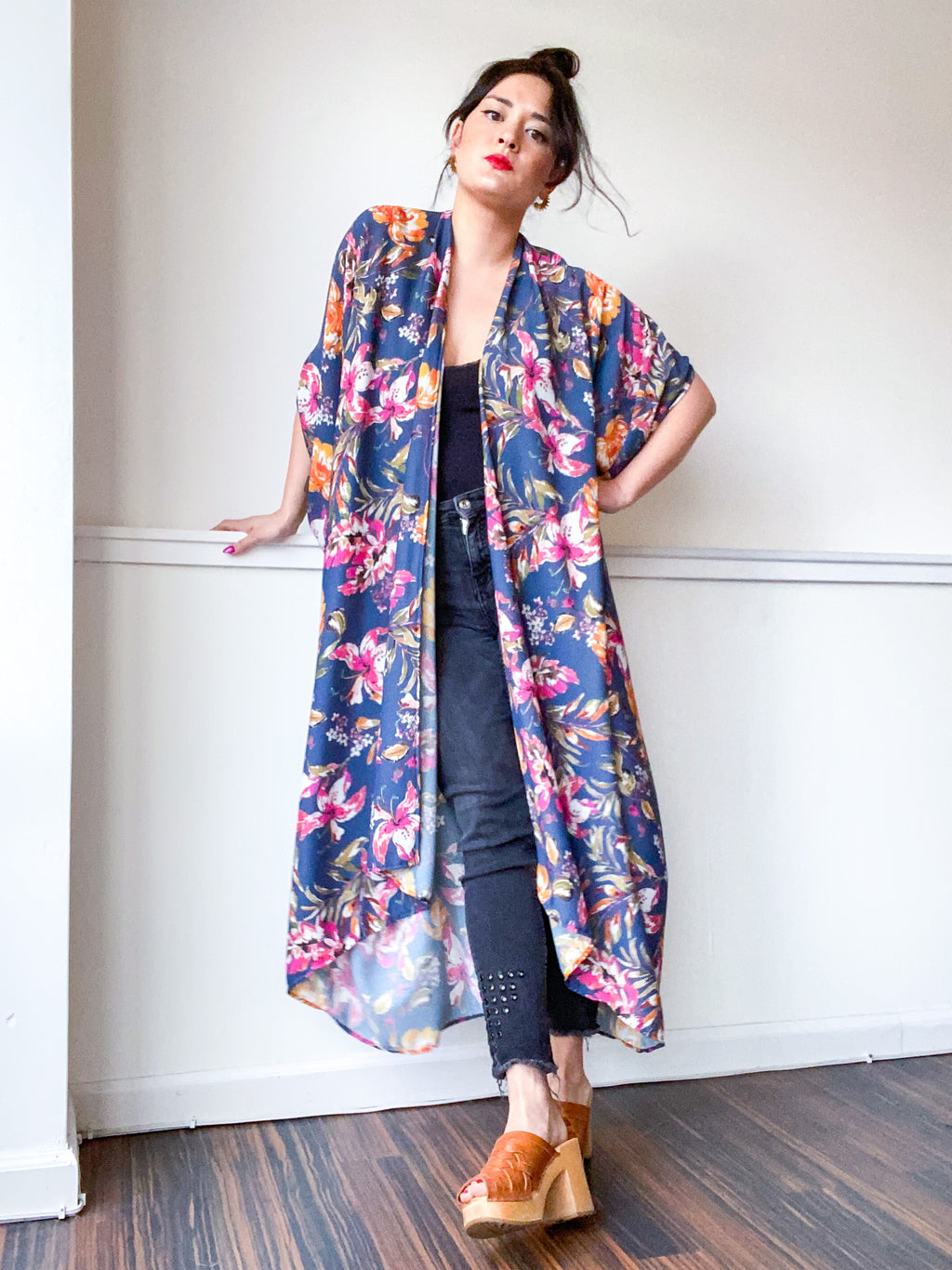 Print High Low Kimono Painterly Floral