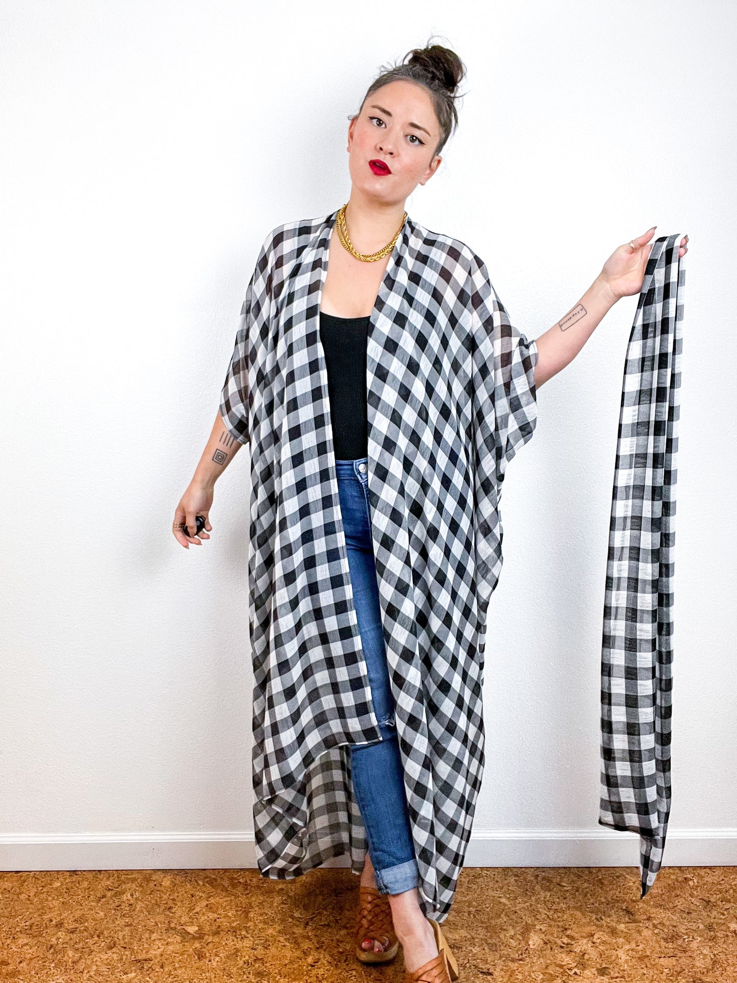 Print High Low Kimono Black White Buffalo Crinkle Chiffon