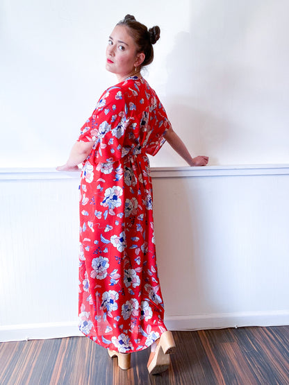Print High Low Kimono Red Floral Georgette
