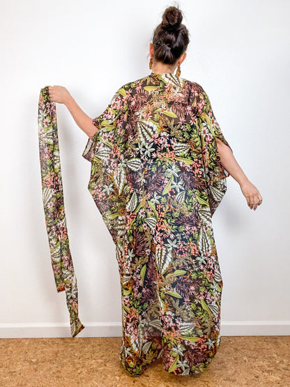 Print High Low Kimono Black Green Tropical Chiffon