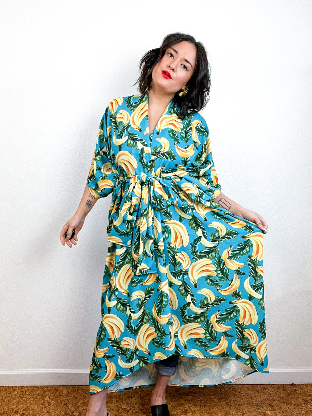 Print High Low Kimono Bananas Bubble Crepe