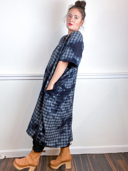 Over-Dye Plaid Smock Dress Grey Black Midi