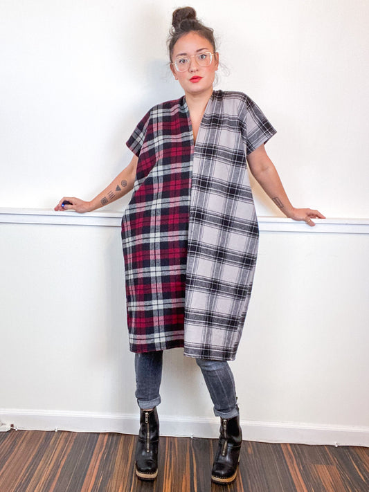 Plaid Smock Dress Maroon Grey
