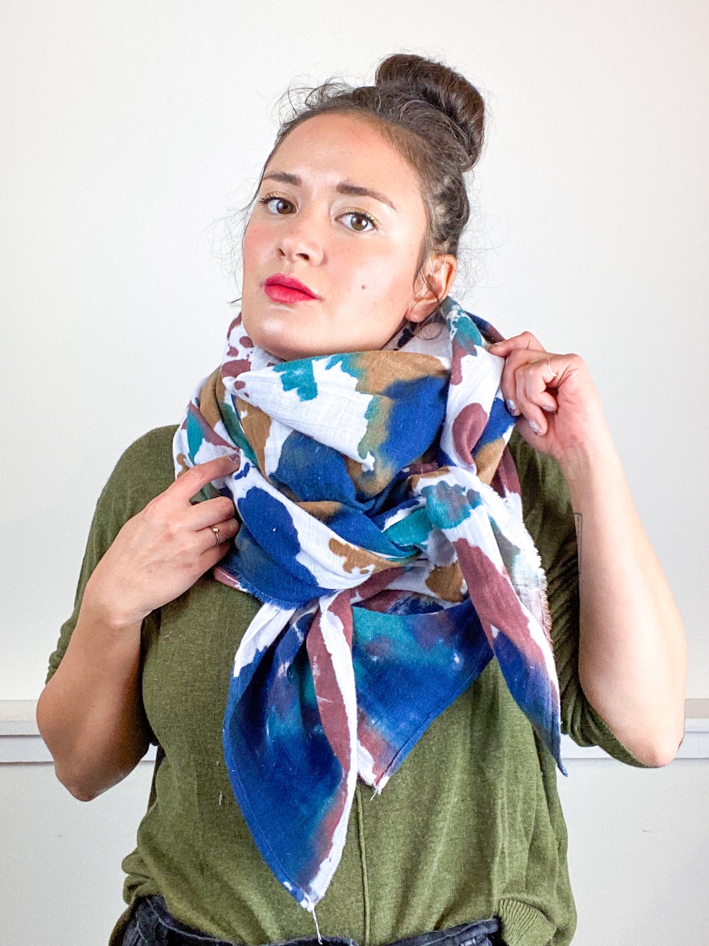 Hand-Dyed Large Square Scarf Maroon Terracotta Indigo Kingfisher