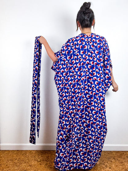 Print High Low Kimono Blue Red Burst Georgette