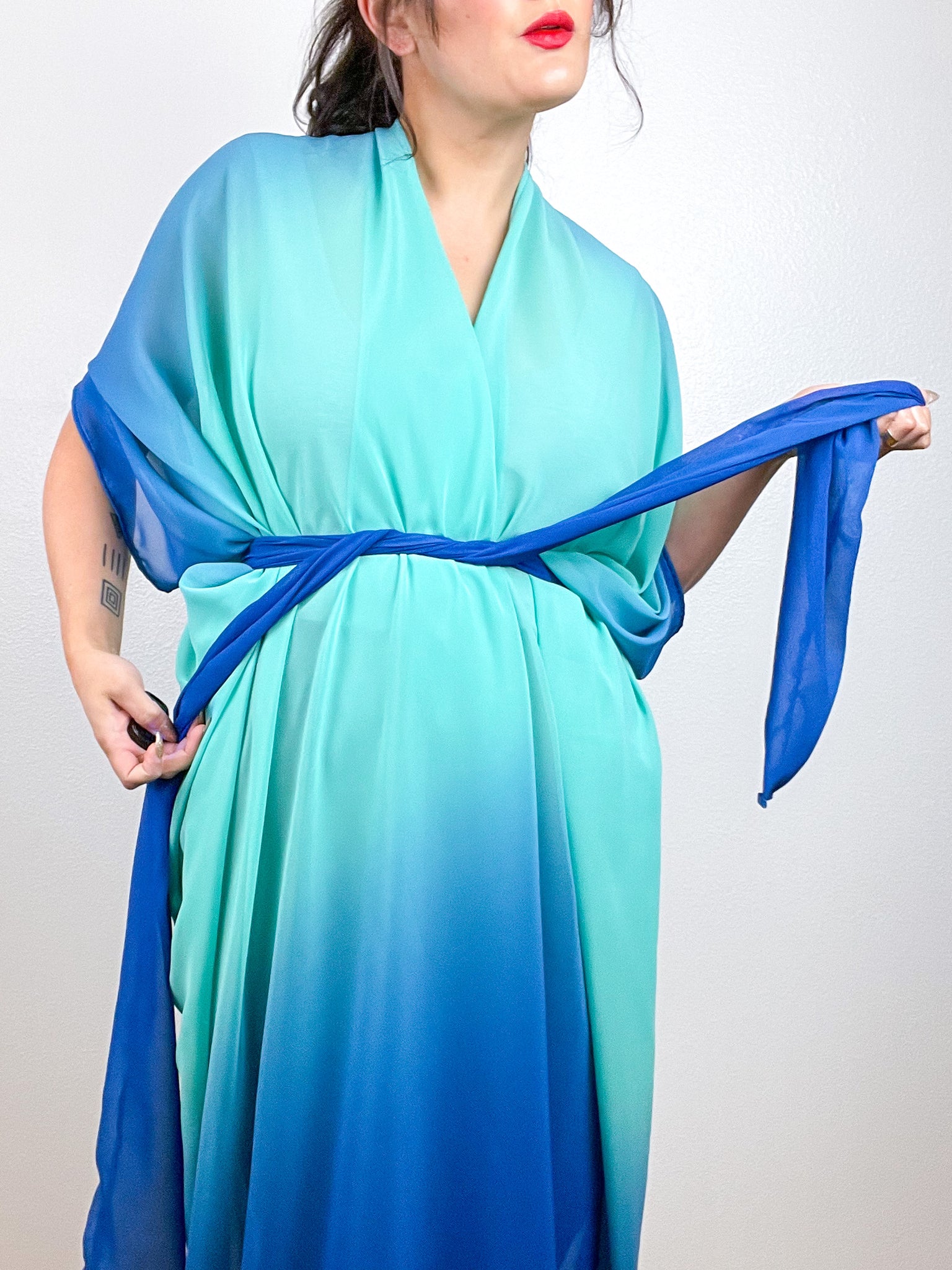 Print High Low Kimono Turquoise Ombré Chiffon