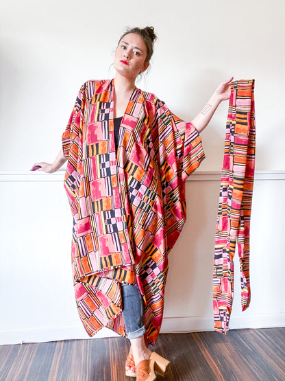 Print High Low Kimono Orange Mod