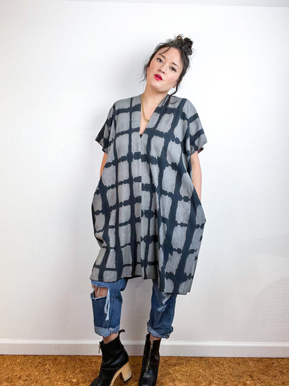 Hand-Dyed Mini Smock Dress Grey Black Windowpane