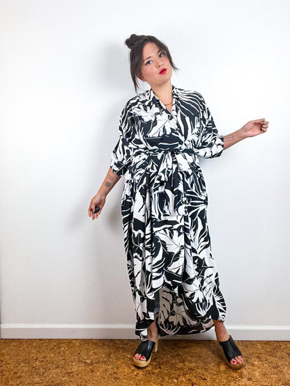 High Low Kimono Black White Large Leaves Challis