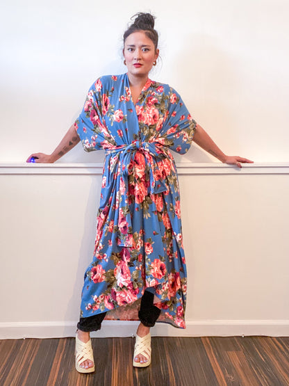 Print High Low Kimono Blue Rose Knit