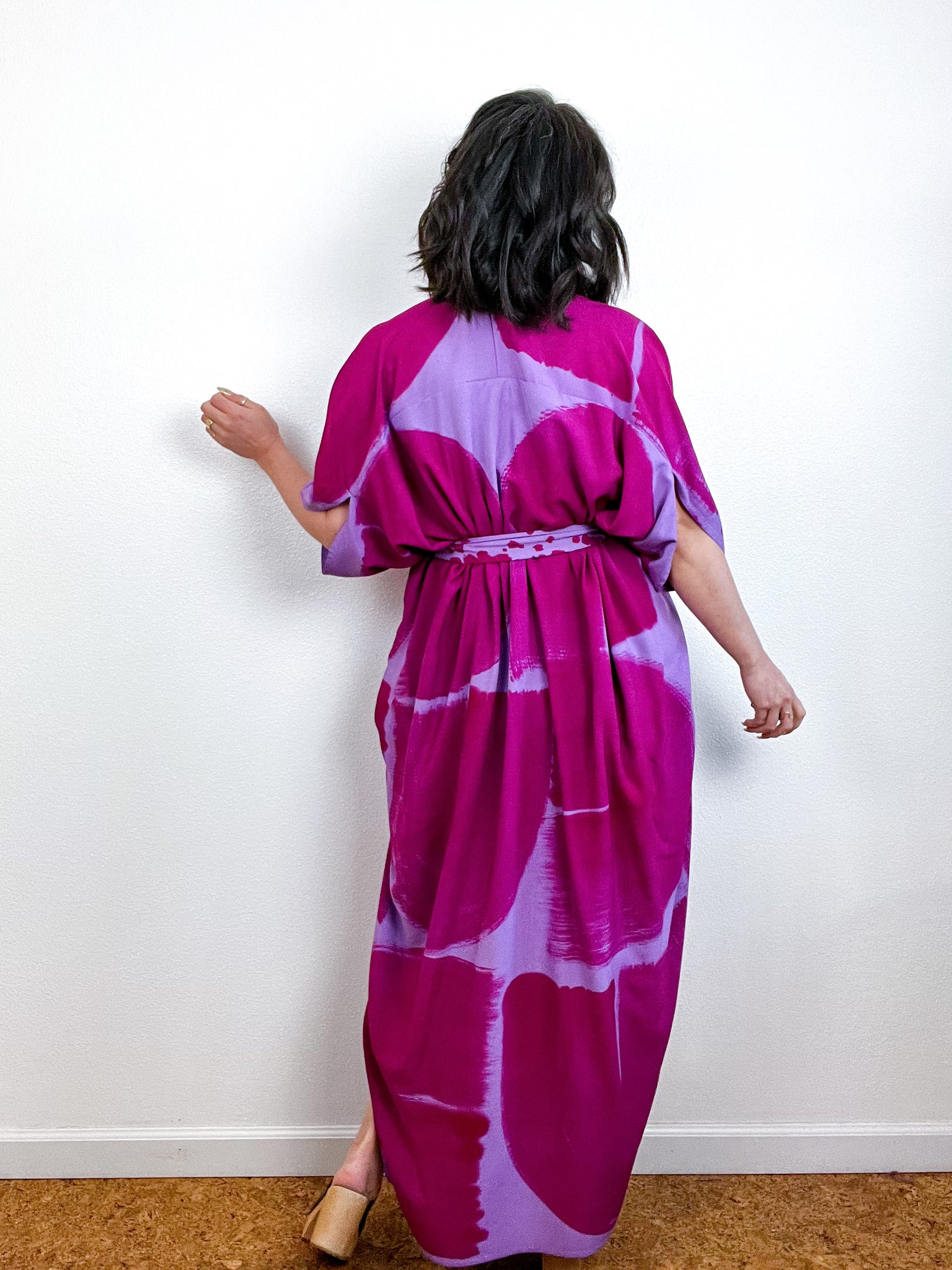 Hand-Dyed High Low Kimono Lilac Fuchsia Brushstroke